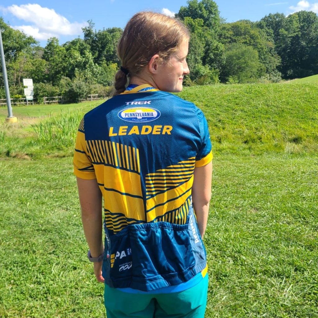 Addison Winfield showing off her brand new leader's jersey